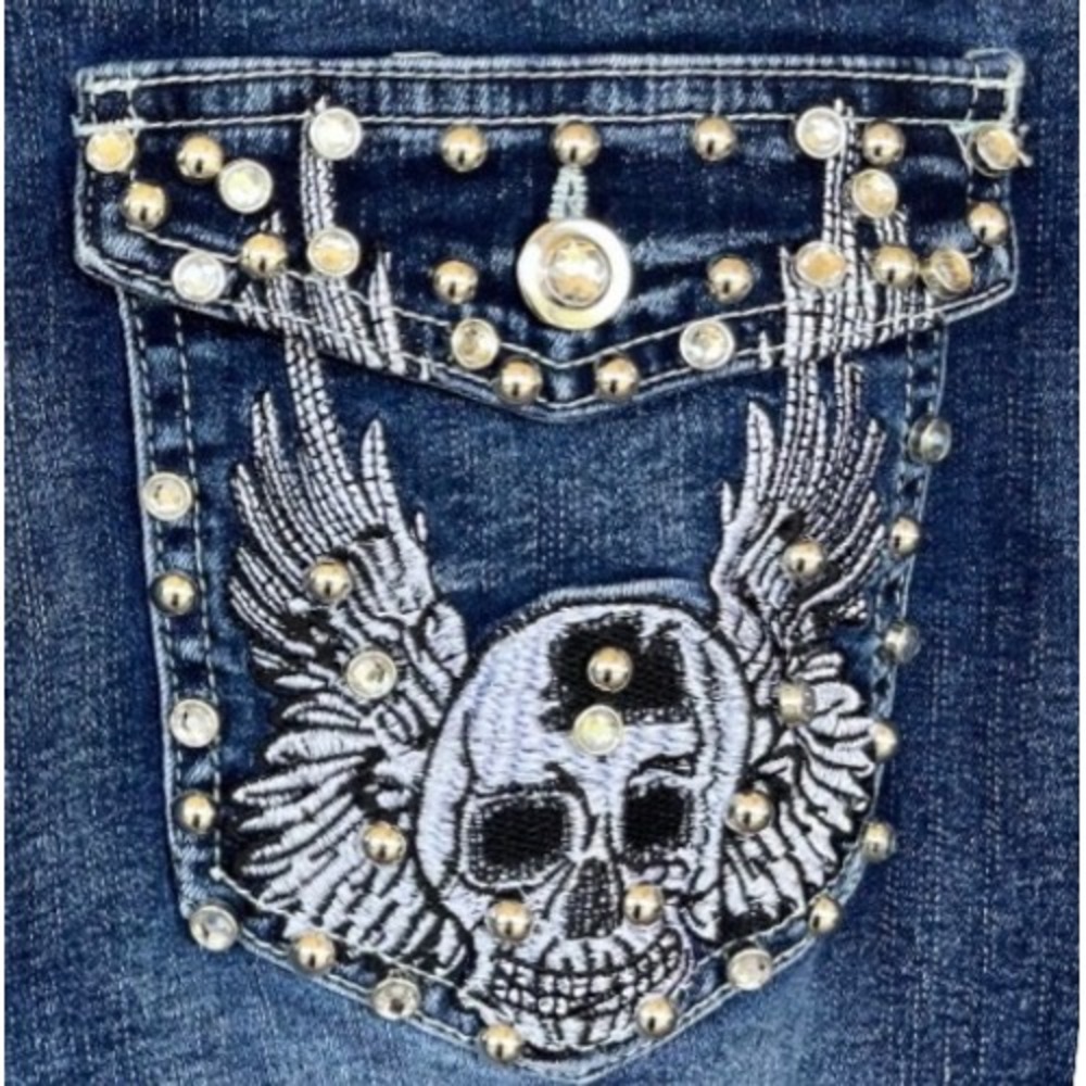 Blue Denim Jeans Biker Wing Flare Rhinestone Studded Skulls Halloween Western 11